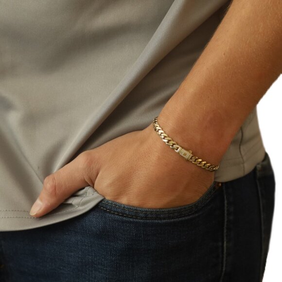 Yellow Gold Cubic Zirconias Curb Chain Men's Bracelet 7" 14k Round .25ctw - Picture 4 of 7